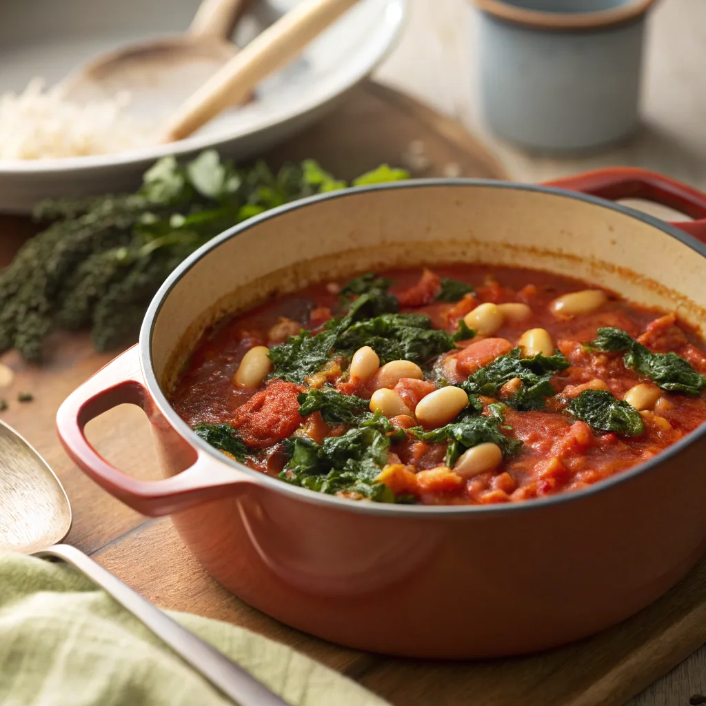 Harissa butter beans stew simmering in pot with kale