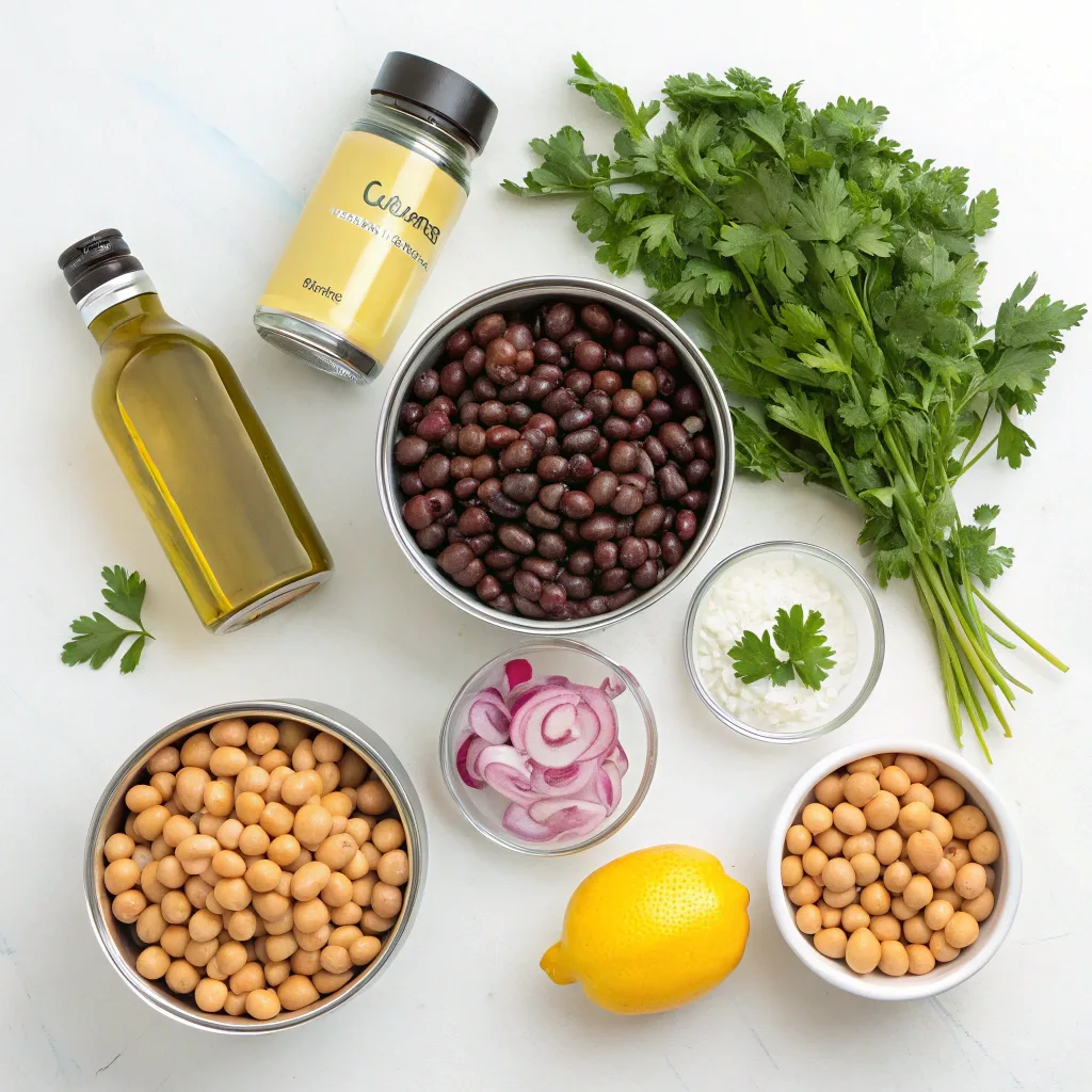 Dense bean salad ingredients flat lay