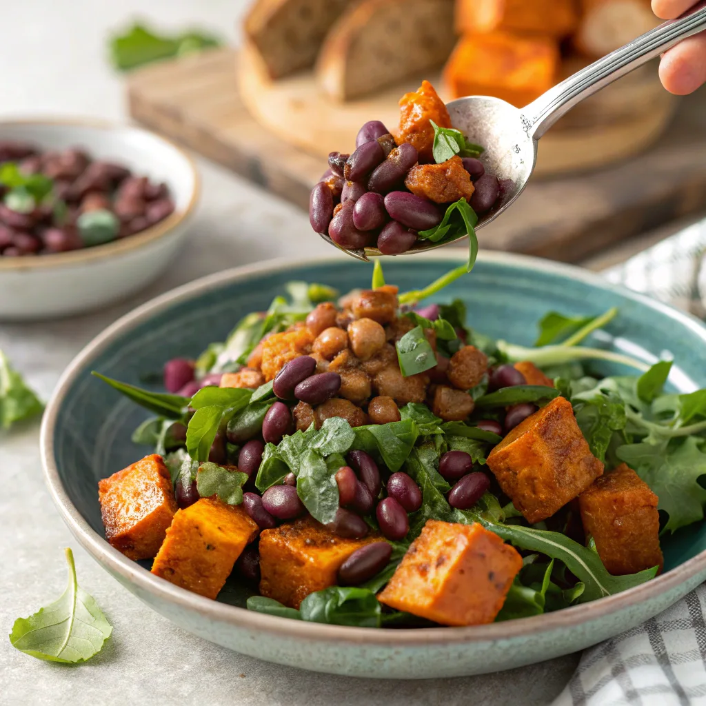 Serving dense bean salad with vegetables