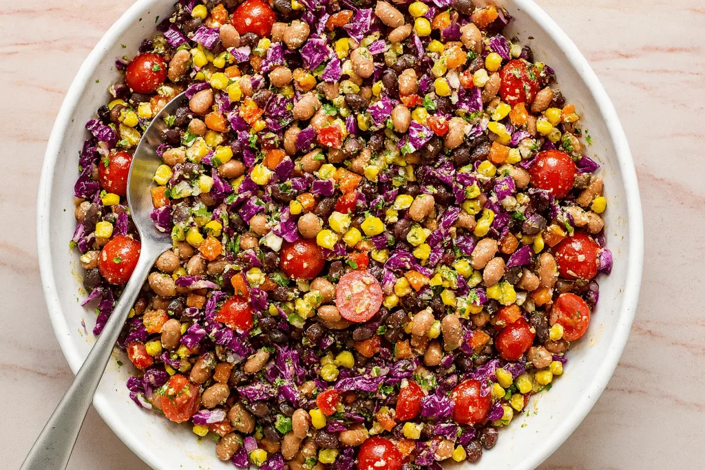 Dense Bean Salad in rustic bowl