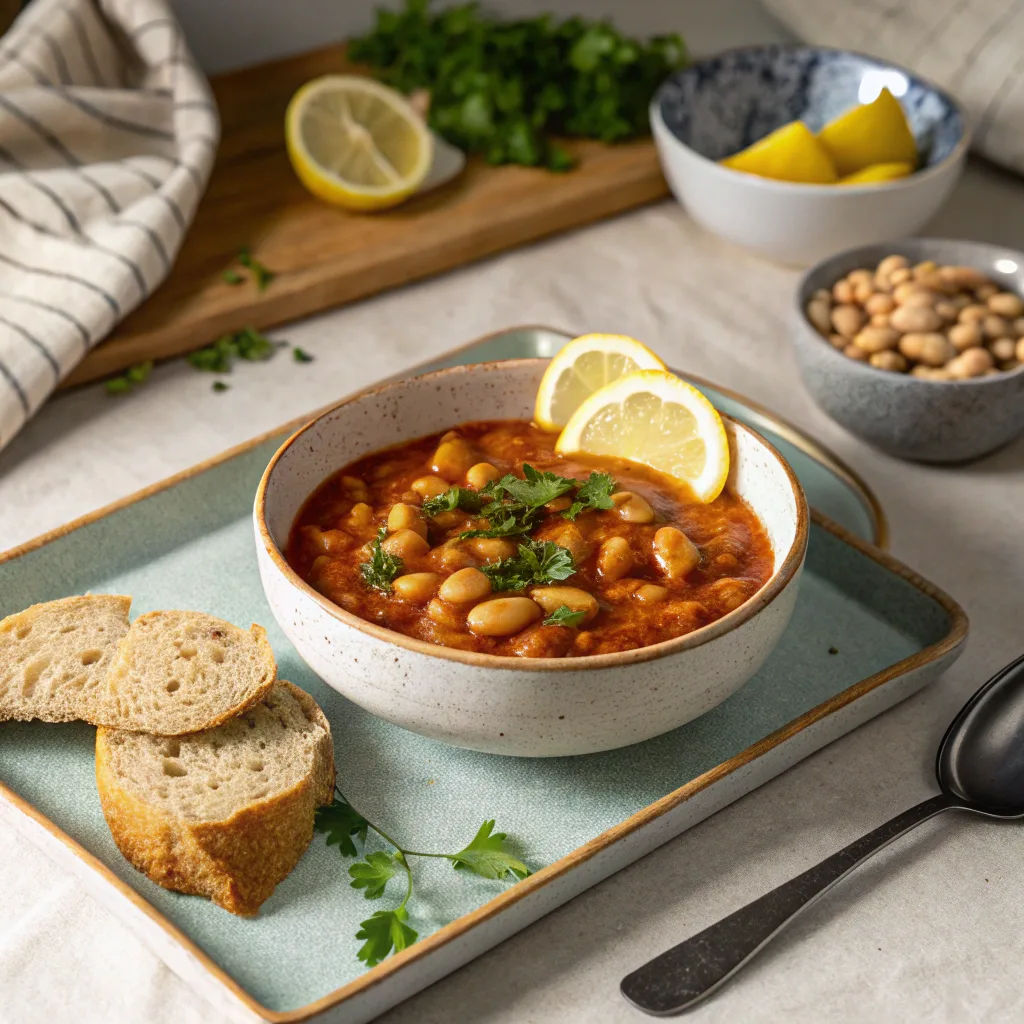 Served bowl of harissa butter beans stew with bread