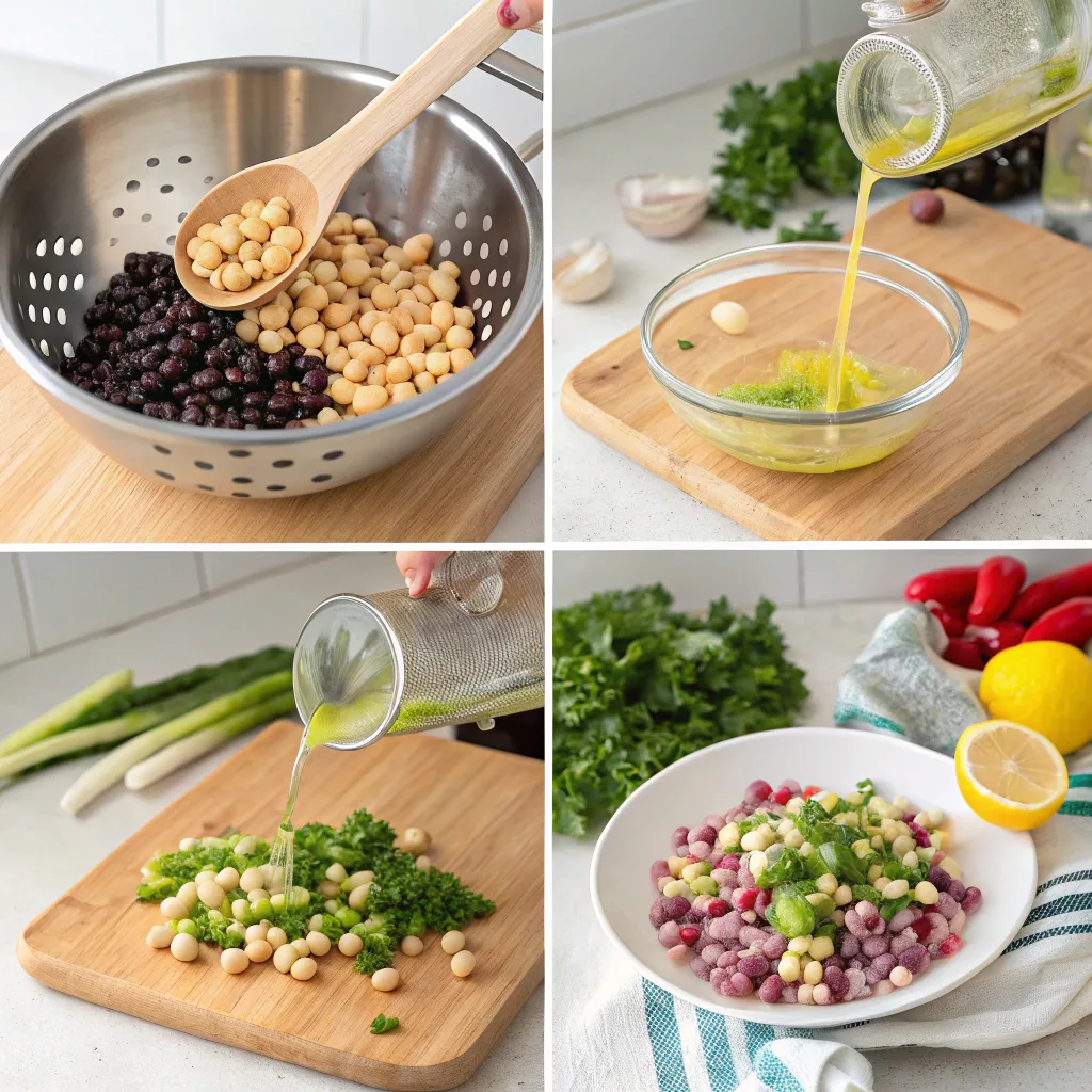 Steps to prepare dense bean salad including rinsing beans, chopping vegetables, and mixing ingredients
