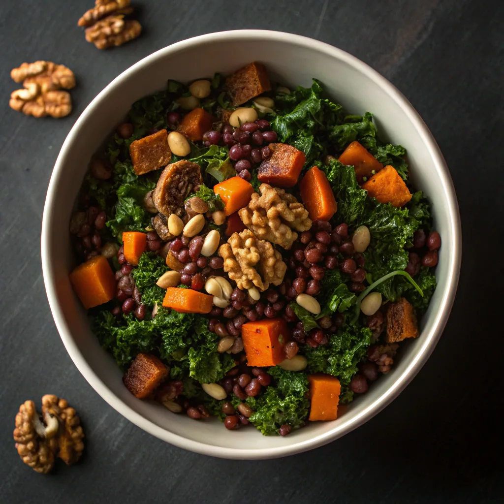 Winter dense bean salad with kale and lentils